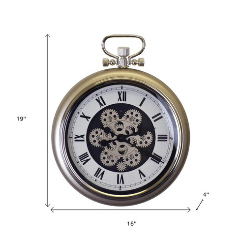 16" Champagne White And Black Metal Skeleton Exposed Gear Pocket Watch Wall Clock
