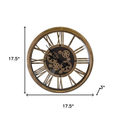 18" Antiqued Gold And Black Metal Silent Skeleton Exposed Gear Round Wall Clock