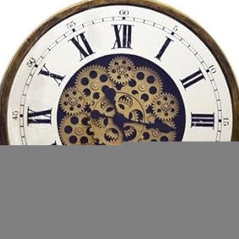18" Antiqued Gold White And Black Metal Silent Skeleton Exposed Gear Round Wall Clock