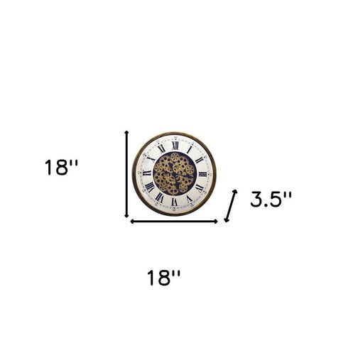 18" Antiqued Gold White And Black Metal Silent Skeleton Exposed Gear Round Wall Clock