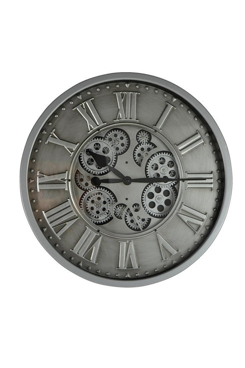 18" Silver And Black Metal Silent Skeleton Exposed Gear Round Wall Clock