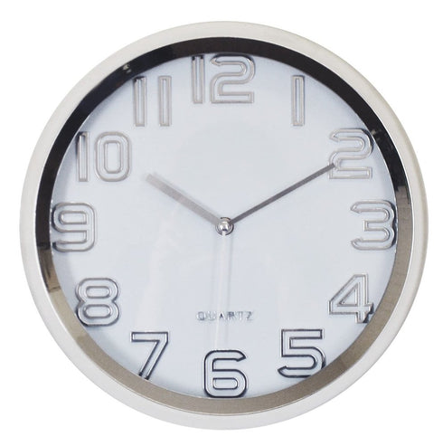 12" Silver And White Heavy Duty Plastic Silent Analog Round Wall Clock