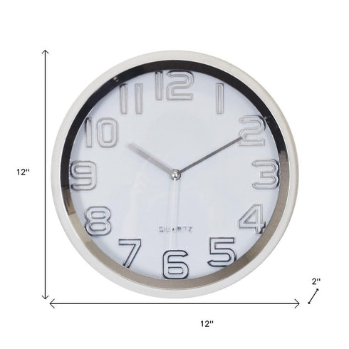 12" Silver And White Heavy Duty Plastic Silent Analog Round Wall Clock