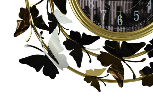 22" Gold Silver And Black Metal Silent Analog Butterfly Round Wall Clock