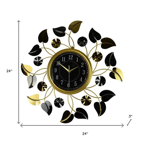 24" Gold Black And Silver Metal Silent Analog Floral Round Wall Clock