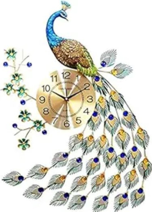31" Blue Green And Gold Metal Silent Analog Peacock Novelty Wall Clock