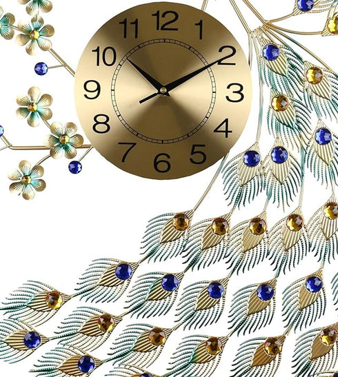 31" Blue Green And Gold Metal Silent Analog Peacock Novelty Wall Clock