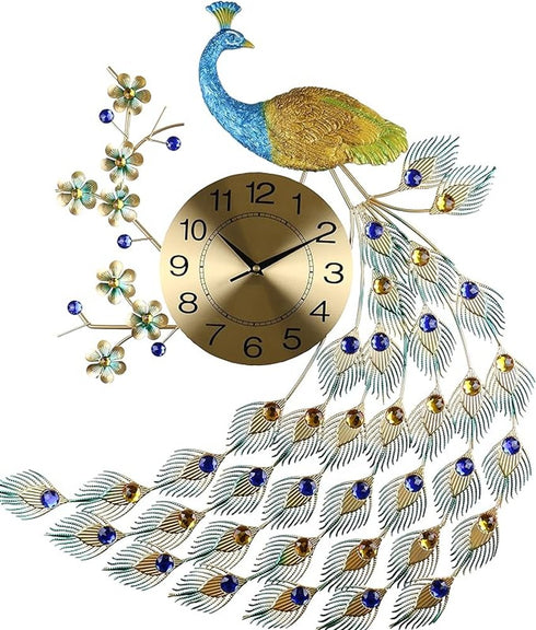 31" Blue Green And Gold Metal Silent Analog Peacock Novelty Wall Clock