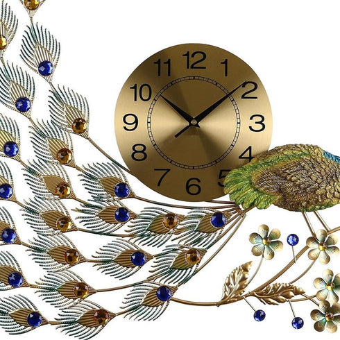 31" Gold Blue And Green Metal Silent Analog Peacock Novelty Wall Clock