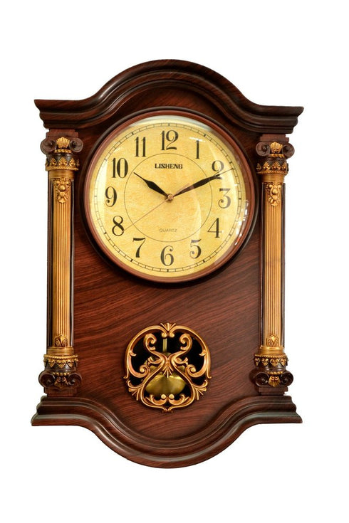 16" Walnut And Gold Resin Silent Analog Ornate Wall Clock