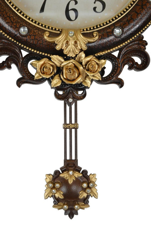 13" Brown Gold And White Resin Silent Pendulum Ornate Oval Wall Clock