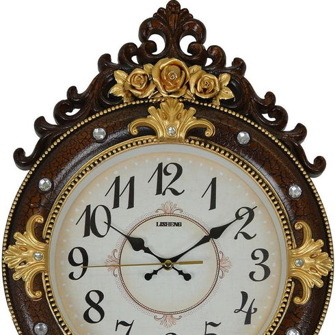 13" Brown Gold And White Resin Silent Pendulum Ornate Oval Wall Clock