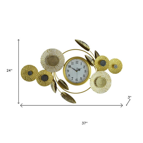 37" Gold Silver And White Metal Silent Analog Floral Novelty Wall Clock