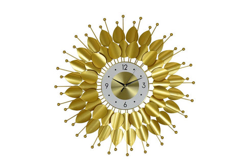 28" Gold And White Metal Silent Analog Floral Sunburst Wall Clock