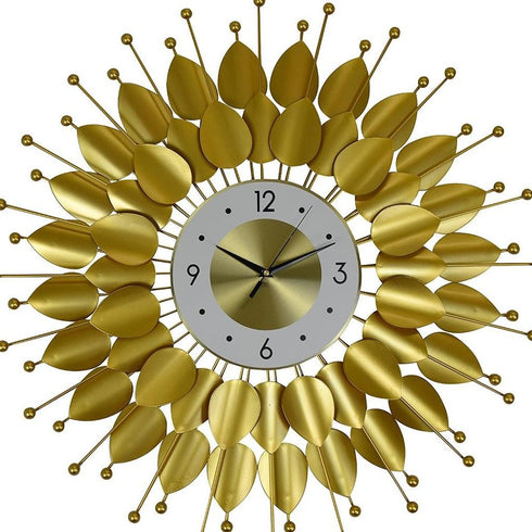 28" Gold And White Metal Silent Analog Floral Sunburst Wall Clock