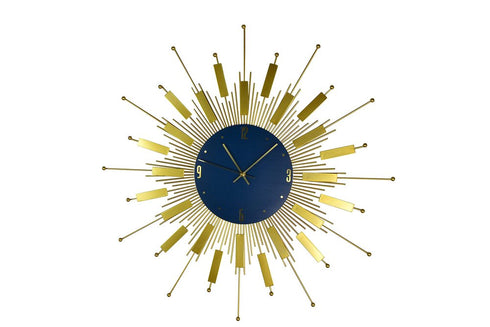 27" Gold And Blue Metal Silent Analog Sunburst Wall Clock