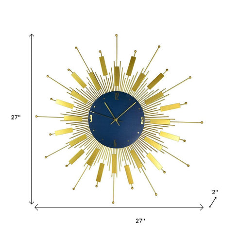 27" Gold And Blue Metal Silent Analog Sunburst Wall Clock