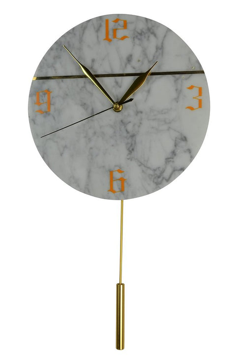 10" White And Gold Marble Silent Pendulum Marble Round Wall Clock