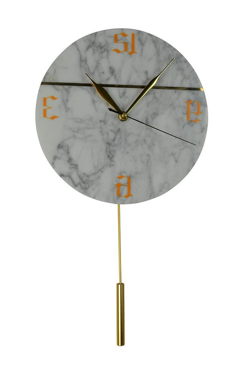 10" White And Gold Marble Silent Pendulum Marble Round Wall Clock