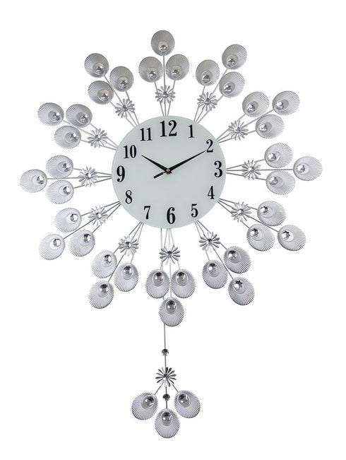 27" Silver And White Metal Silent Pendulum Starburst Wall Clock