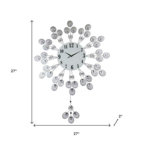 27" Silver And White Metal Silent Pendulum Starburst Wall Clock