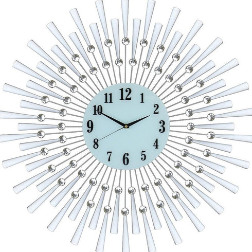 28" Silver And White Metal Silent Analog Sunburst Wall Clock