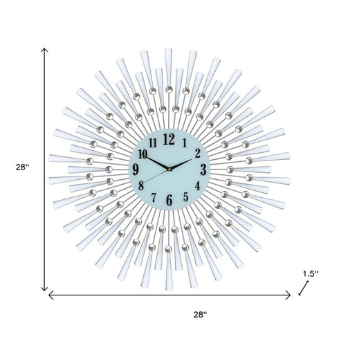 28" Silver And White Metal Silent Analog Sunburst Wall Clock