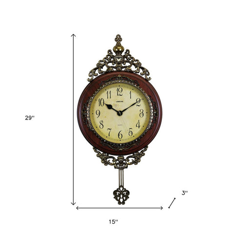 15" Brown And Gold Resin Silent Pendulum Ornate Oval Wall Clock