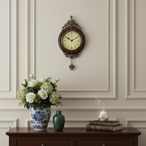 15" Brown And Gold Resin Silent Pendulum Ornate Oval Wall Clock