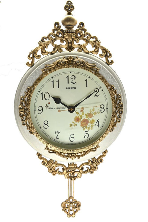 16" Antiqued White And Bronze Resin Silent Pendulum Ornate Oval Wall Clock
