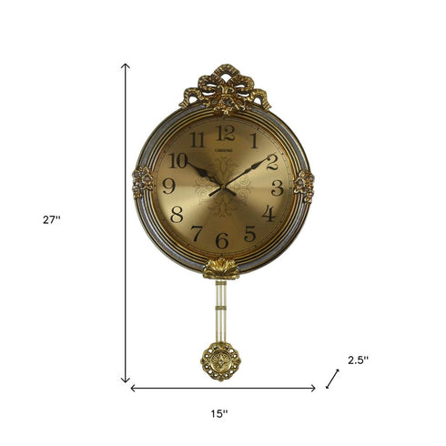 15" Gold And Silver Resin Silent Pendulum Ornate Round Wall Clock