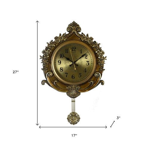 17" Gold And Black Resin Silent Pendulum Ornate Round Wall Clock