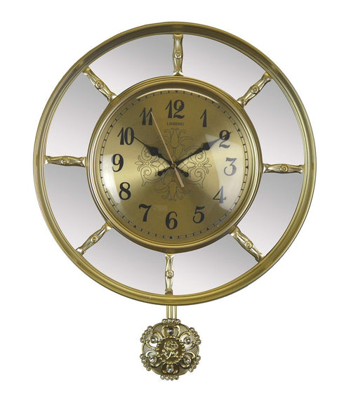 16" Gold And Silver Mirrored Glass And Resin Silent Pendulum Ornate Round Wall Clock