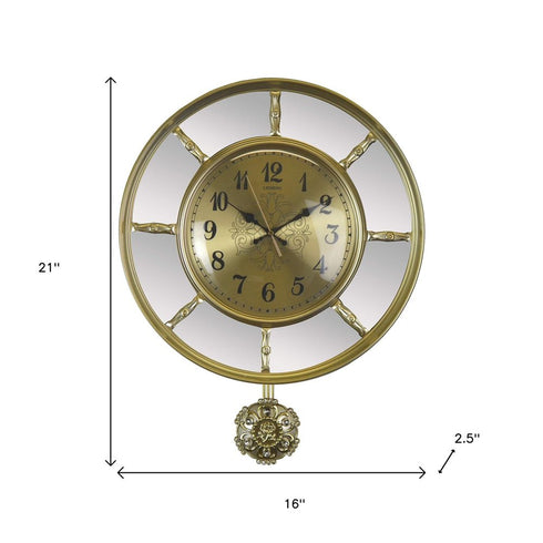 16" Gold And Silver Mirrored Glass And Resin Silent Pendulum Ornate Round Wall Clock
