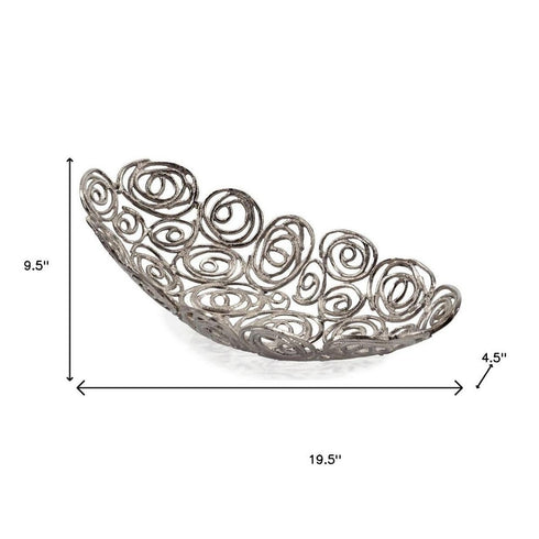 20" Silver Aluminum Abstract Circles Oval Decorative Bowl