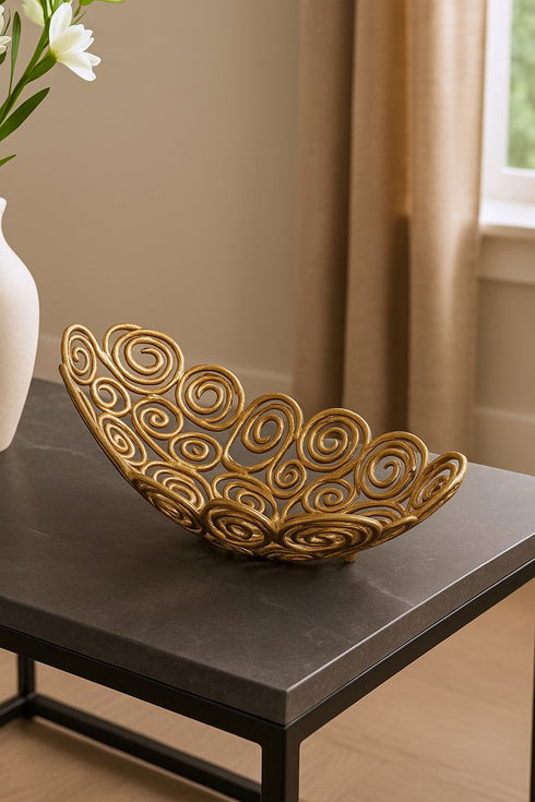 16" Gold Aluminum Abstract Circles Oval Decorative Bowl