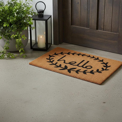 17" X 29" Natural And Black Hello Outdoor Coir Door Mat