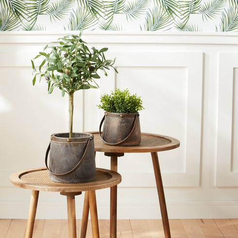 Set of Two Brown Wood And Steel Bucket Pot Planters