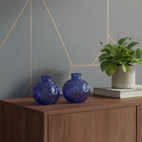 Set of Two Blue Glass Round Table Vases