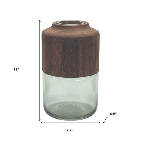 11" Brown And Sage Glass Round Table Vase With Wood