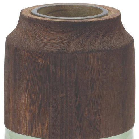 9" Brown And Sage Glass Cylindrical Table Vase With Wood