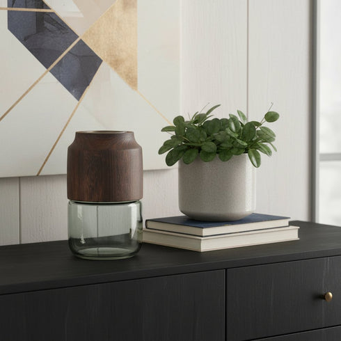 9" Brown And Sage Glass Cylindrical Table Vase With Wood