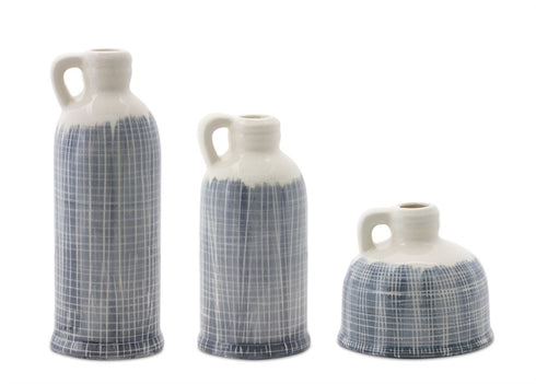 Set of Three Off White And Blue Clay Checkered Jug Vases