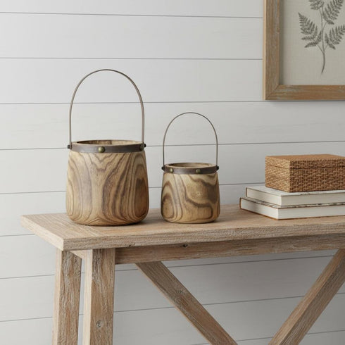 Set of Two Natural Wood And Steel Bucket Pot Planters