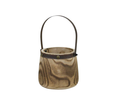 Set of Two Natural Wood And Steel Bucket Pot Planters