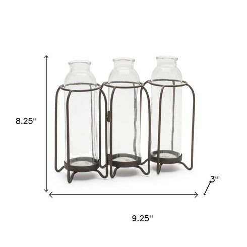 8" Black And Clear Glass And Metal Triple Test Tube Table Vase