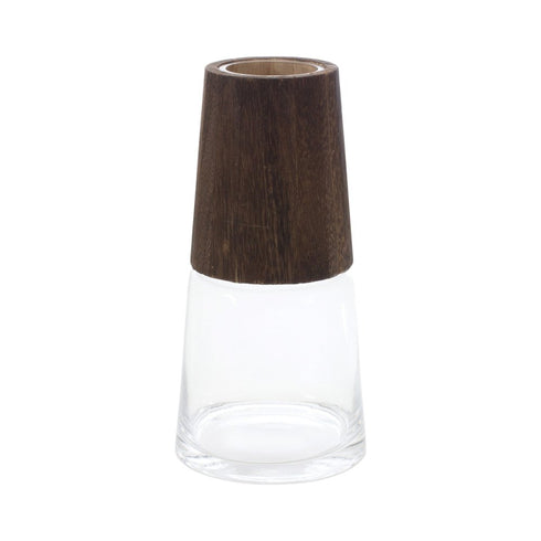 Set of Two Brown And Clear Glass Tapered Table Vases With Wood