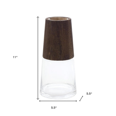 Set of Two Brown And Clear Glass Tapered Table Vases With Wood