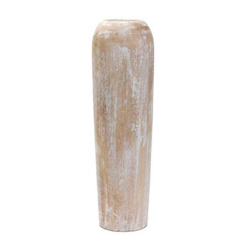 24" Brown And White Round Wood Floor Vase