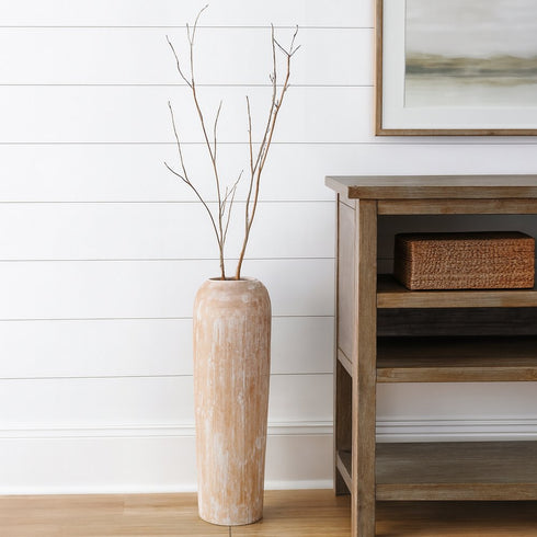 24" Brown And White Round Wood Floor Vase